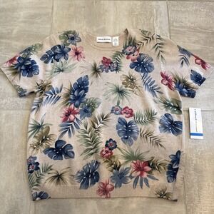 NWT ALFRED DUNNER XL Tan Sweater Top Hawaiian Aloha Floral Beaded Boho‎ Chic